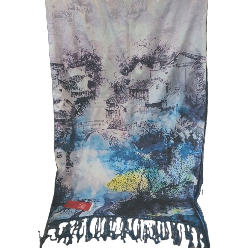 Story of Shanghai 100% Silk Scarf NWT Large Blue Floral Landscape Print Shawl